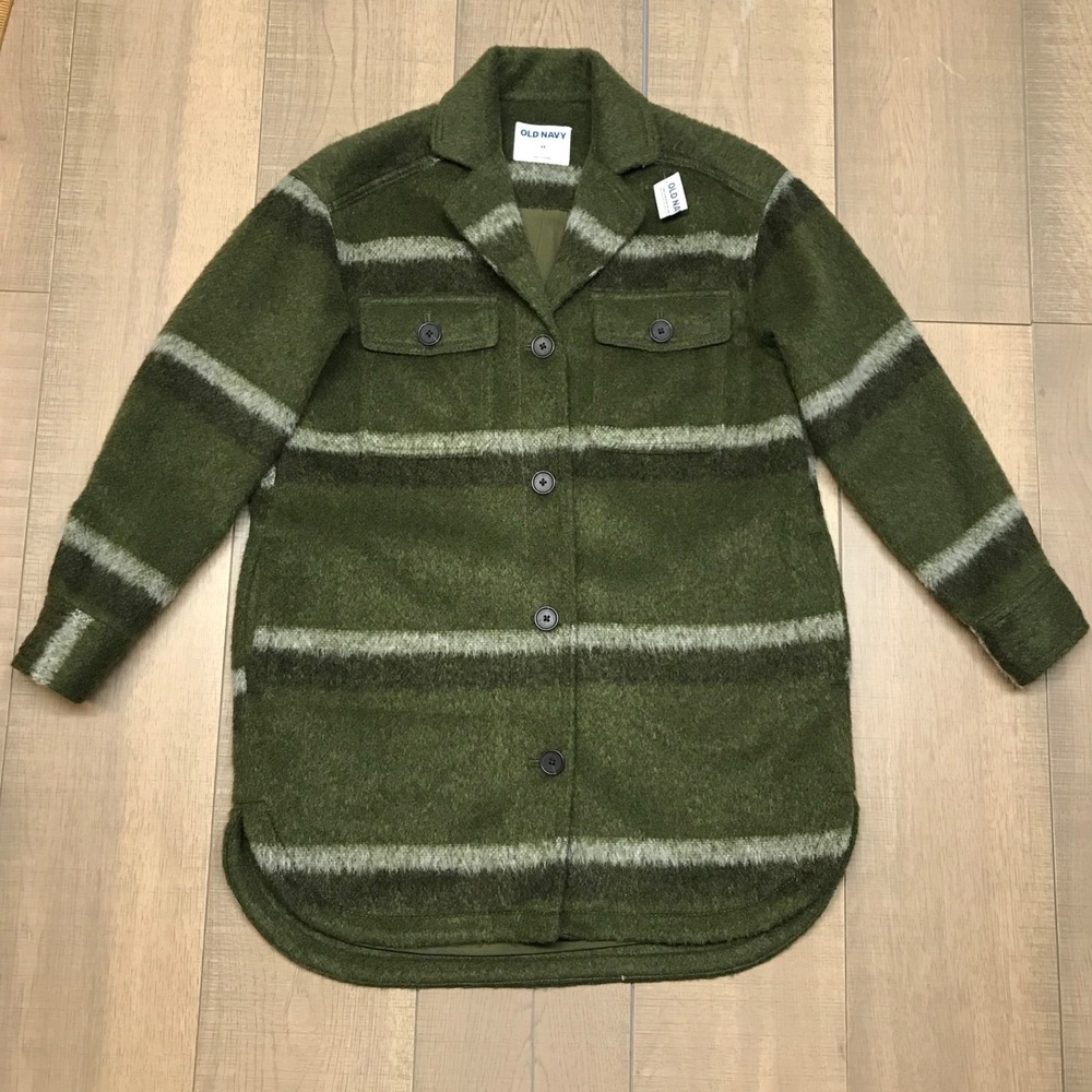 Old Navy Shacket Jacket Womens Size XS Green‎ Flannel Long Utility Striped Cozy